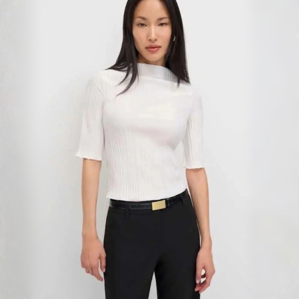 Reformation Spencer Knit Top Size XS White Ribbed High Neck Short Sleeve